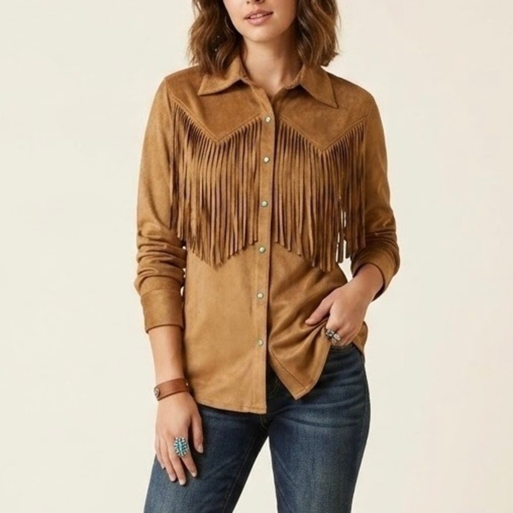Wrangler x Lainey Wilson Faux Suede Brown Fringe Western Snap Shirt Size XL
